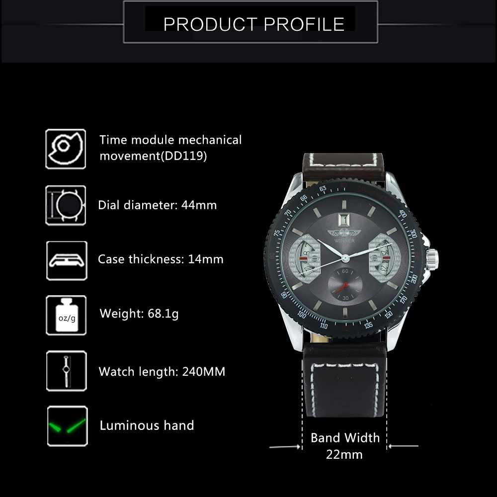 Часы наручные WINNER Мужские механические брендовые Роскошные спортивные