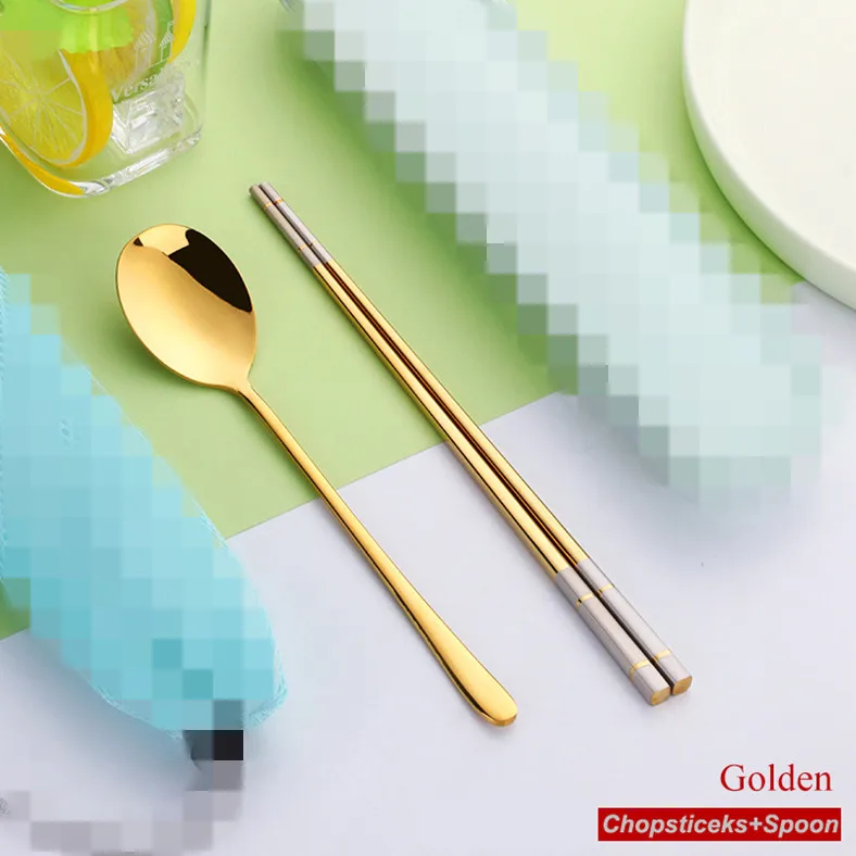 Gold-1 set 1 пара корейских палочек для еды набор ложек многоразовые из нержавеющей стали для суши с длинной ручкой Нескользящие палочки для еды ложка набор инструментов коробка и сумка - Цвет: Gold-1 set