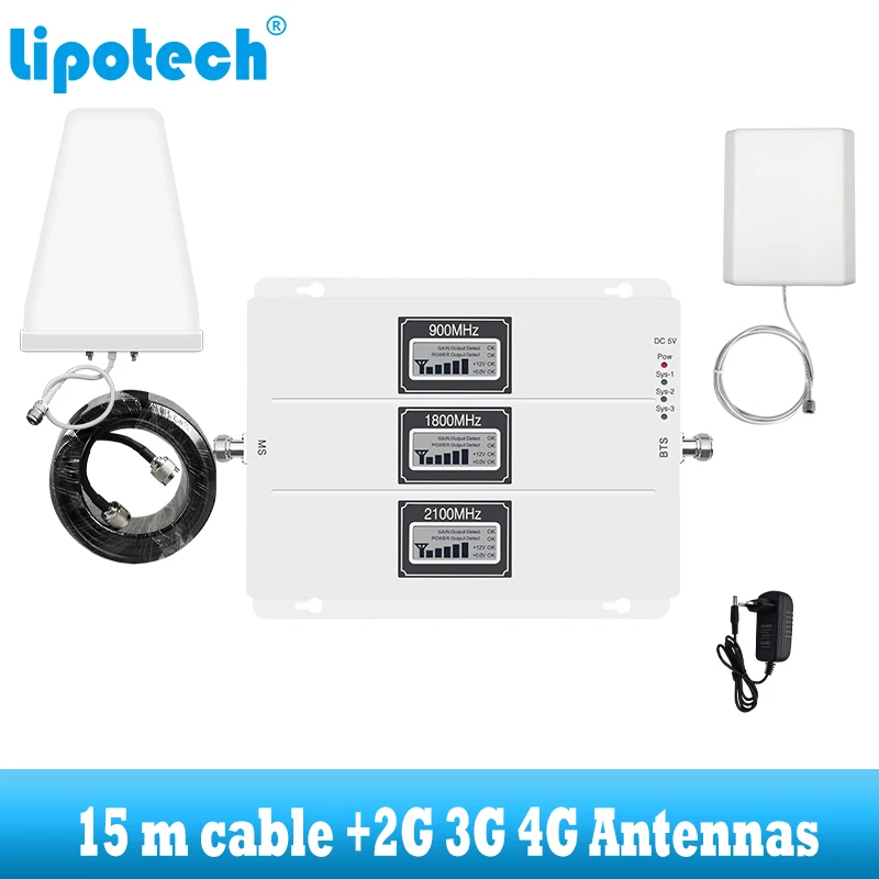 GSM 900 1800 2100 WCDMA DCS Ретранслятор сотового сигнала 2G 3G 4G трехдиапазонный усилитель