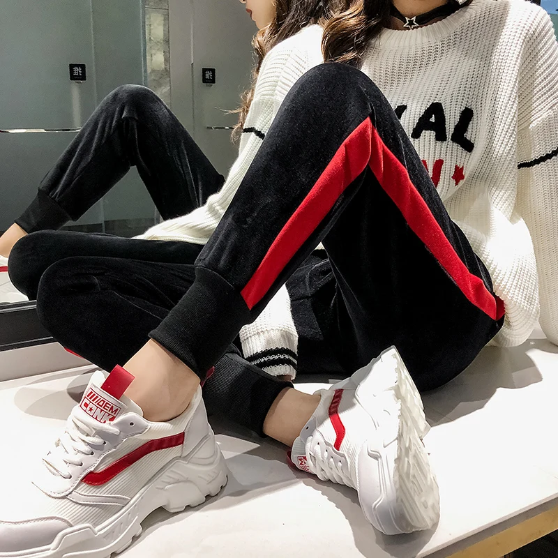 WKOUD 2018 зимние шаровары Штаны Красный Полосатый Лоскутная брюки шнурок талии