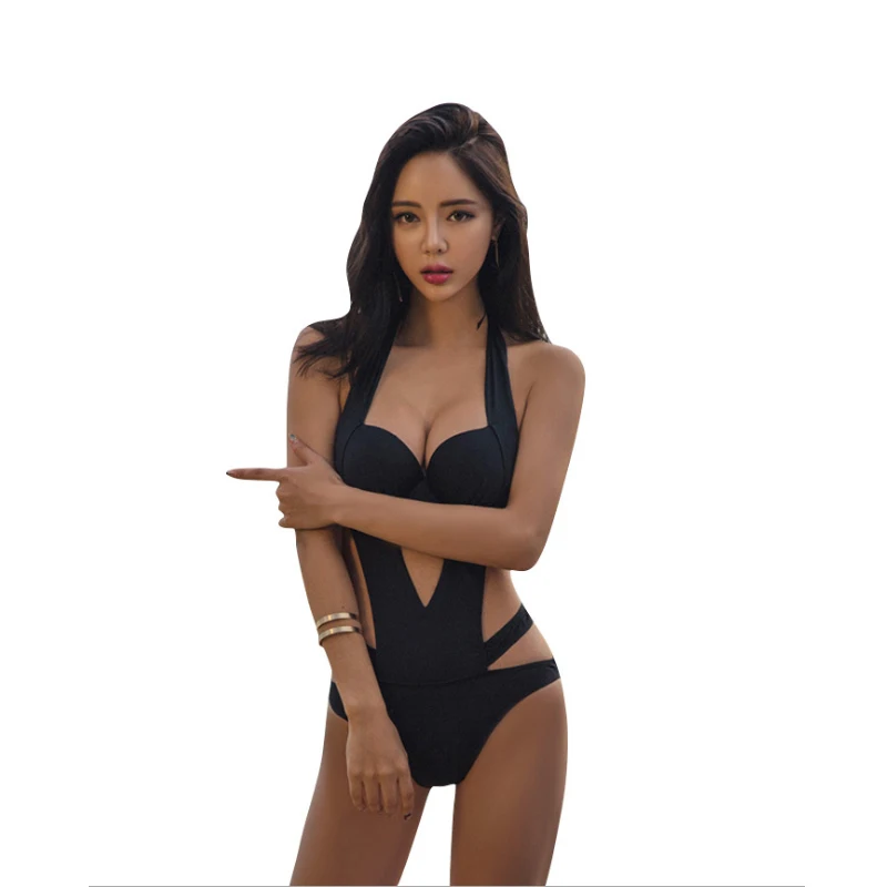 

2019 bikini Siamese fashion sexy black openwork bandage swimwear female