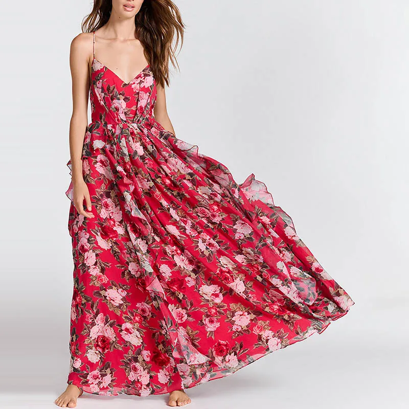 Vintage floral print maxi dress women Summer ruffle chiffon sleeveless plus size vestidos Sexy backless long festa | Женская одежда