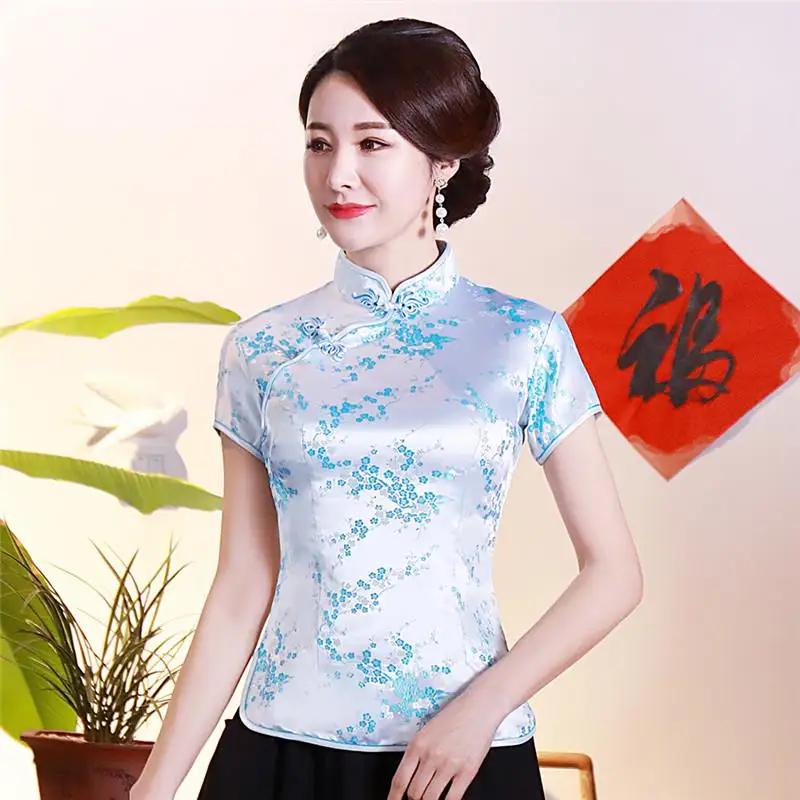 Blue Flower Винтажная Цветочная Женская Китайская традиционная атласная блузка, Летняя Сексуальная рубашка, новинка, дракон, одежда, топы размера плюс, 3XL, 4XL, WS009 - Цвет: Blue Flower