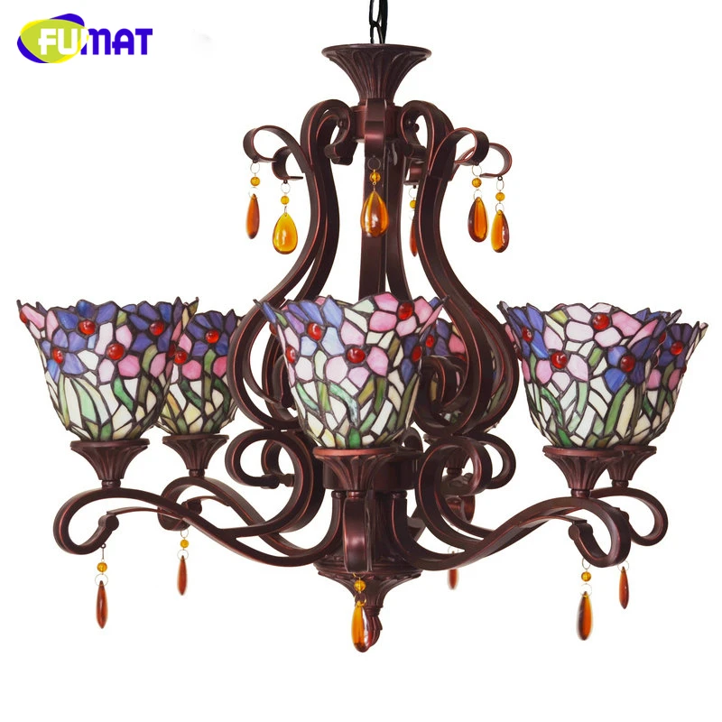 Kopen FUMAT Gebrandschilderde Kroonluchter Mediterrane Stijl Korte Paarse Orchidee Art Glas Lamp Voor Woonkamer Keuken Verlichtingsarmaturen