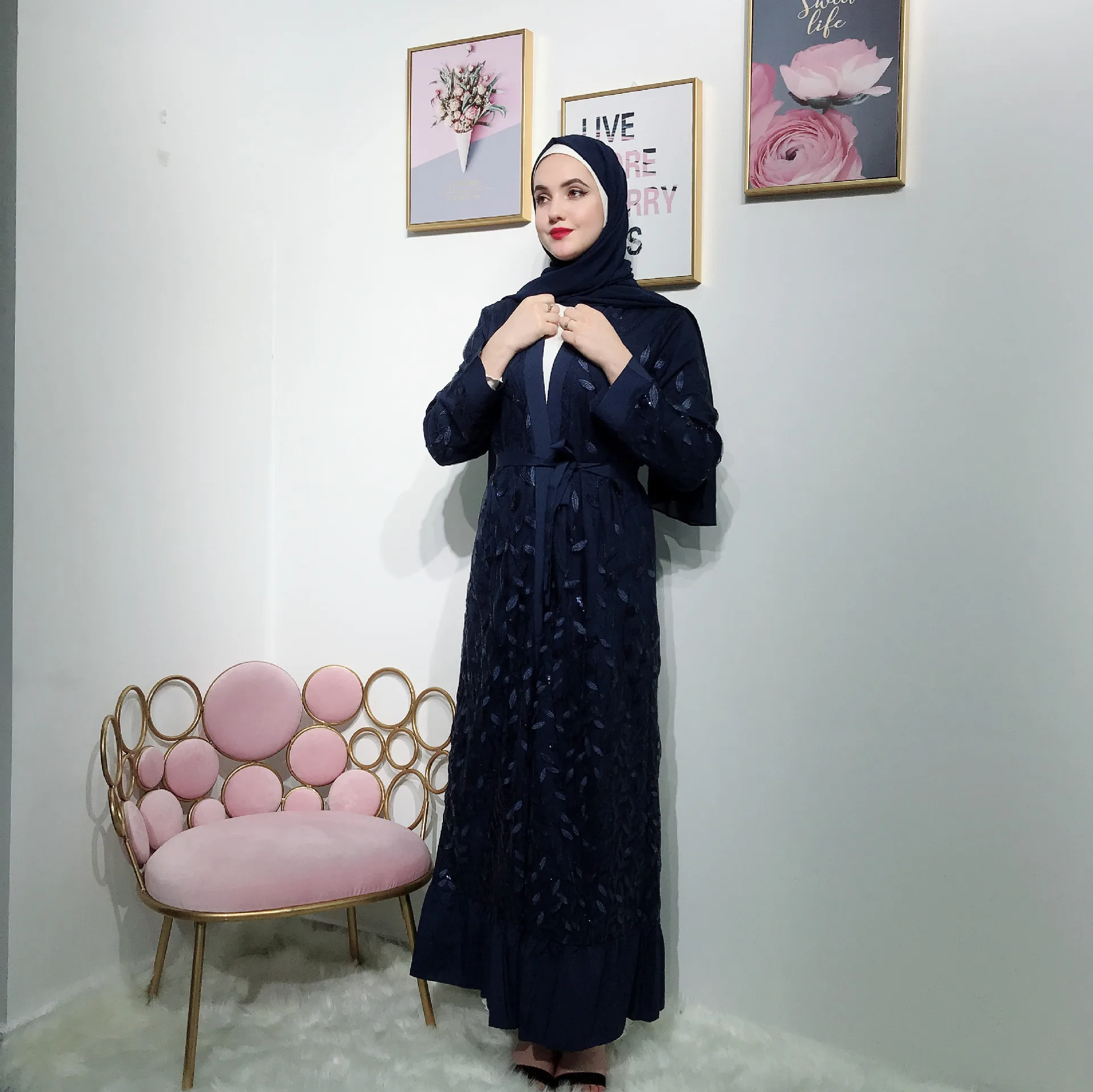 Кимоно с открытой передней частью Abaya Дубай синий черный абайя хиджаб для