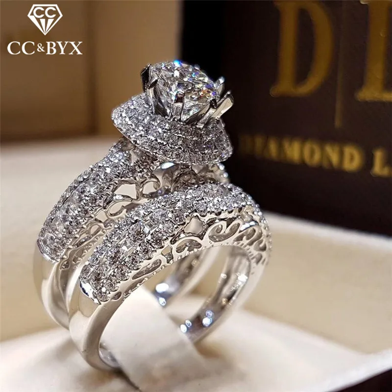 Кольца CC для женщин, роскошные ювелирные изделия, кубический цирконий, круглый набор, парное кольцо, свадебные, помолвочные украшения, бижутерия, доставка CC2295.