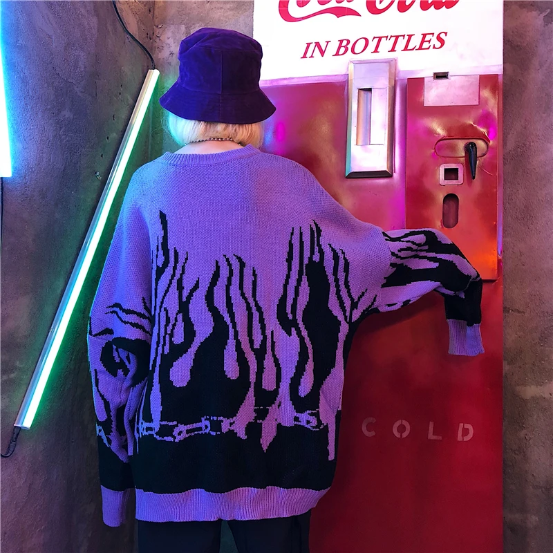 2019 Large size loose Autumn Winter Harajuku Flame Knitting Bat Sleeve Pullover Sweater Men Women Tide Outerwear aa897 | Женская одежда