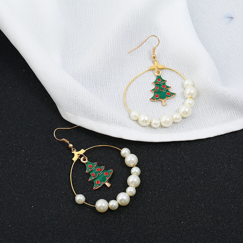 WNGMNGL Charm Statement Christmas Tree Imitation pearls Hollow Round long drop Earrings For Women 2018 Fashion Jewelry Gift | Украшения и