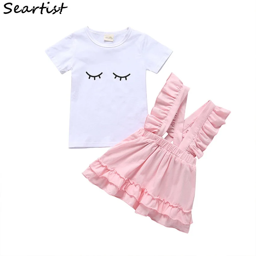 

Seartist Newborn Bebes Baby Girl Clothing Sets Short Sleeve Casual White T-shirt+Suspender Skirt Outfits Set Ruffle Strap 25