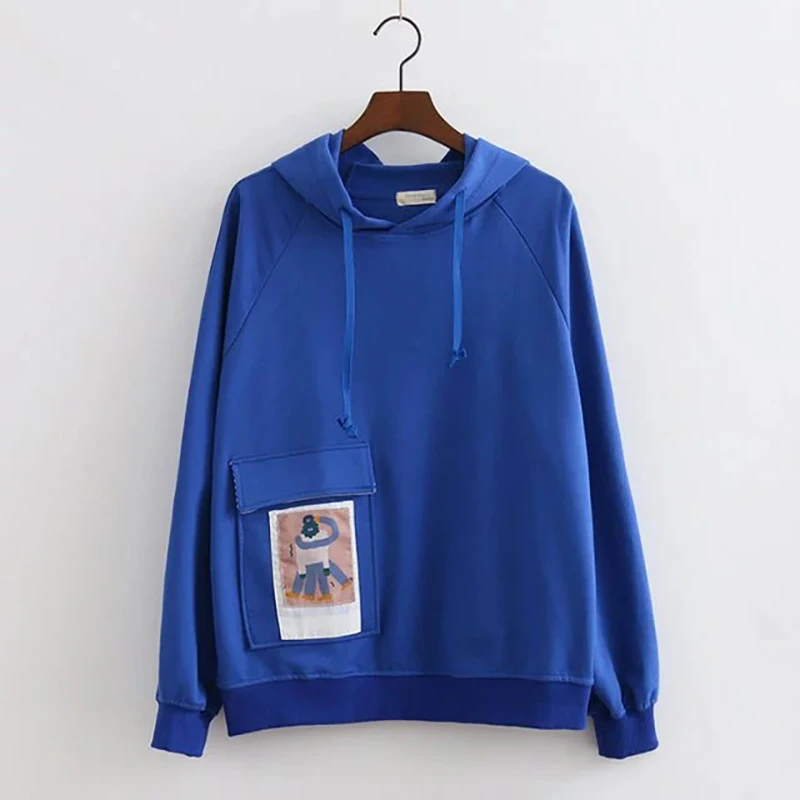 Женская Повседневная Синяя толстовка с капюшоном свободный хлопковый пуловер