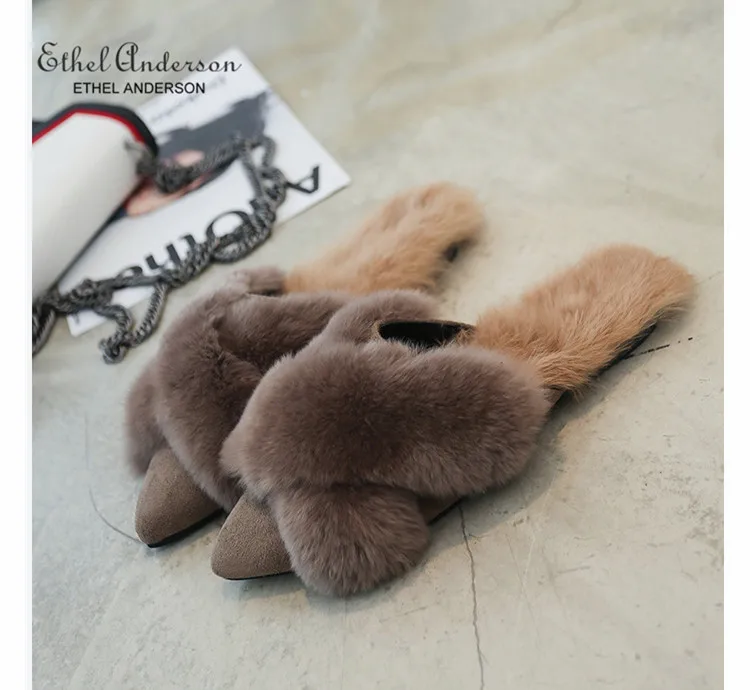 Style 1 Brown ETHEL ANERSON/роскошные Тапочки с натуральным кроличьим мехом; домашние тапочки; красивые пушистые шлепанцы без застежки; мягкая обувь - Цвет: Style 1 Brown