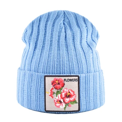 Женская шапка с цветочной нашивкой, осенне-зимние вязаные шапки Skullies, женские зимние мягкие двухслойные вязаный капот, мужские шапки Gorras - Цвет: Blue1