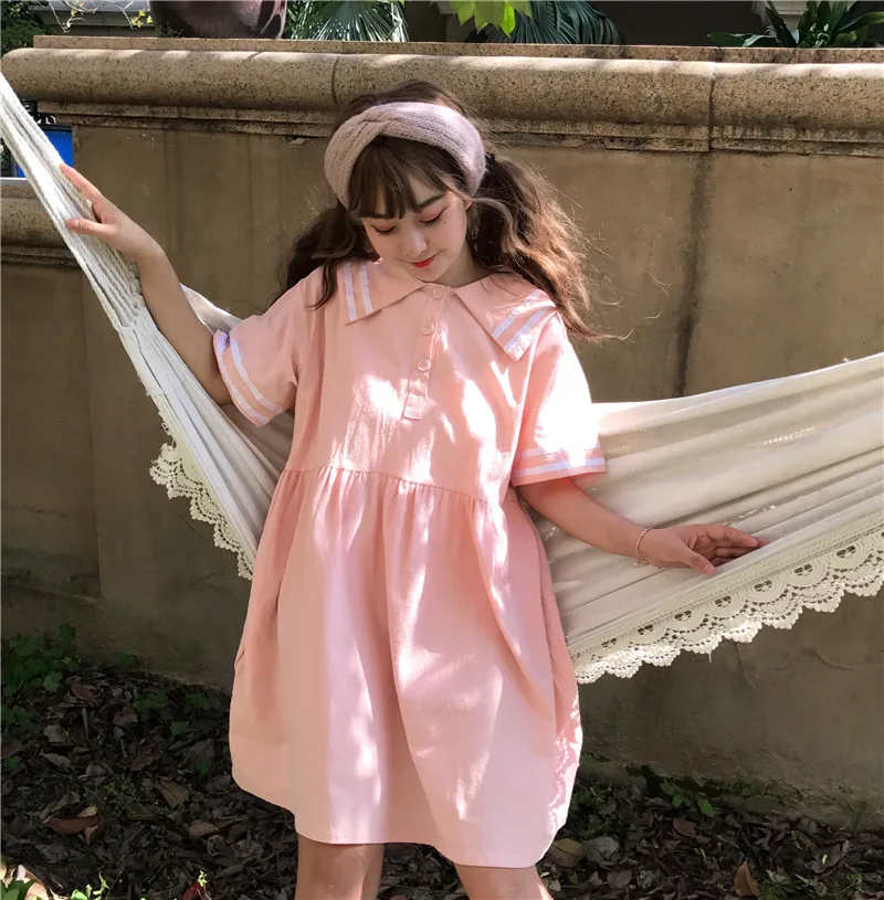 Платье свободного кроя в японском стиле милое мягкое платье с коротким рукавом и