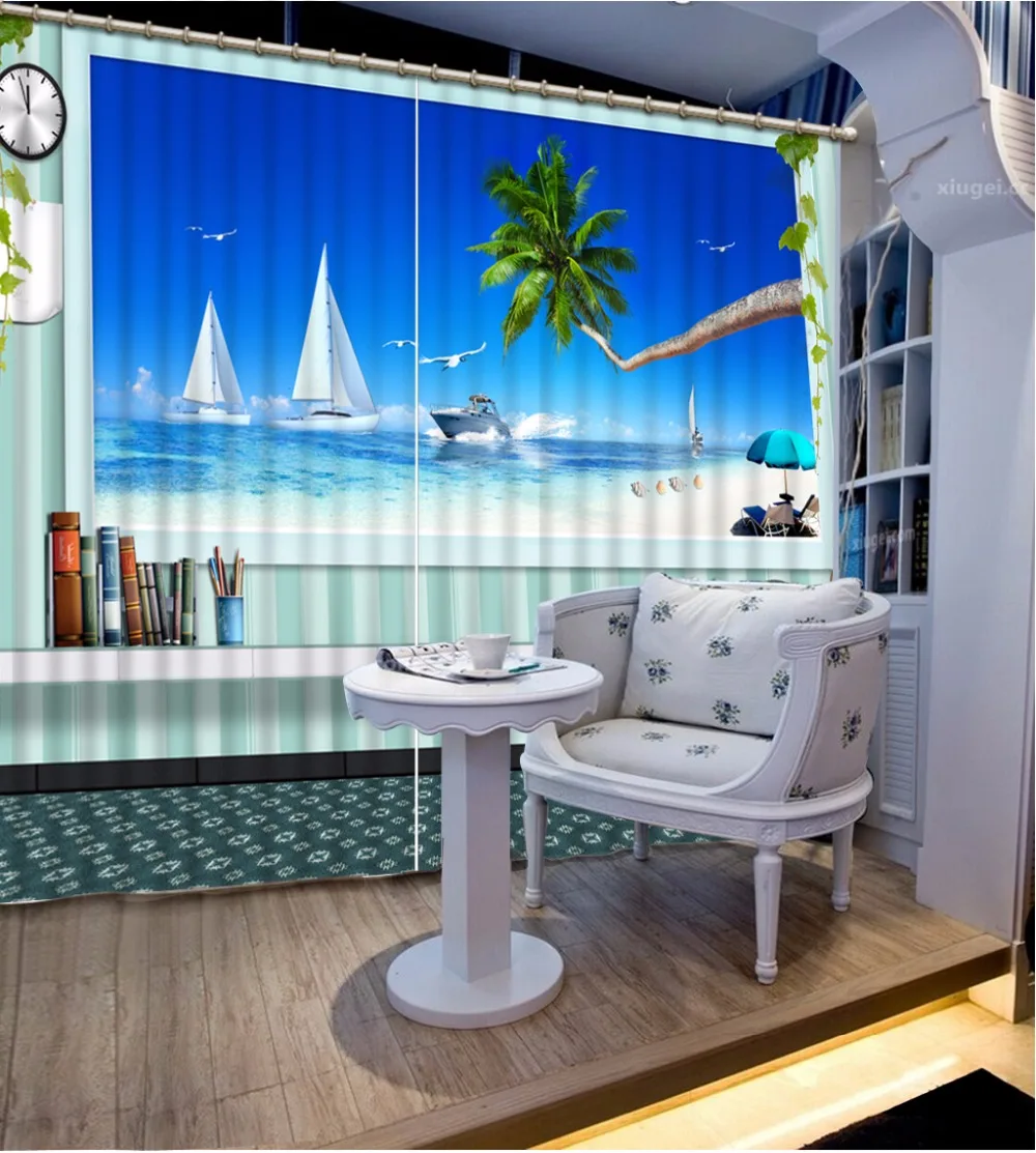 

Home Decor Blackout 3D Curtains Modern Polyester/Cotton Window Kitchen Curtain Sea Scenery Curtain For The Hotel Home Office