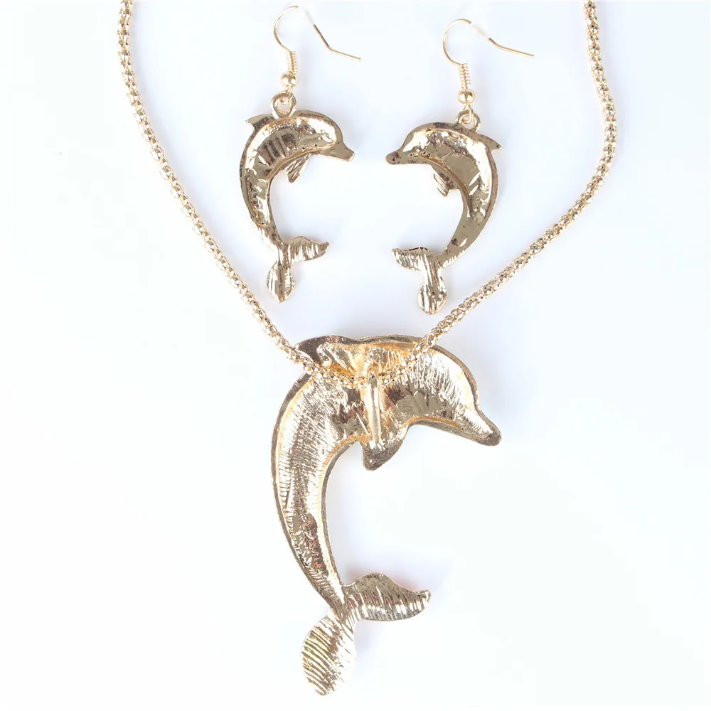 Ожерелье с дельфинами и рыбками золотистые Серебристые серьги для вечеринки