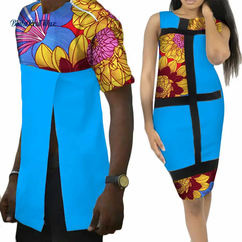 Sweet Lover Couples Clothes African Print Patchwork Dresses for Women Bazin Riche Mens Long Shirts African Style Clothing WYQ42
