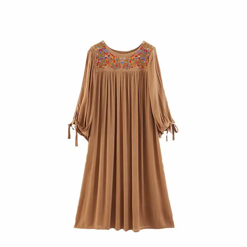 TEELYNN long dress for women cotton floral embroidery o-neck puff sleeve dresses a-line loose Casual boho Vestido | Женская одежда