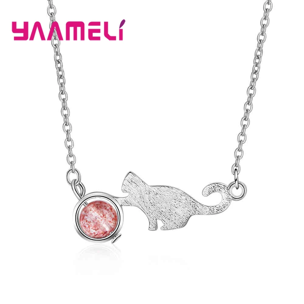 

Vintage 925 Sterling Silver Pendant Necklaces for Women Cute Cat Play Ball Retro Natural CZ Stone Girl Neck Jewelry
