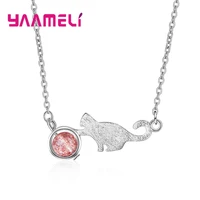 vintage 925 sterling silver pendant necklaces for women cute cat play ball retro natural cz stone girl neck jewelry