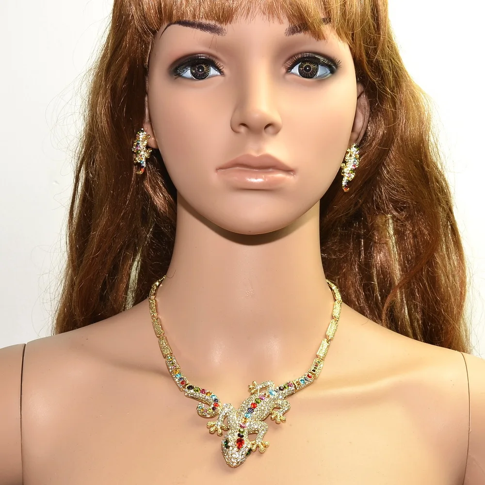 Женский набор из серег Gecko Lizard разноцветное ожерелье с кристаллами горного