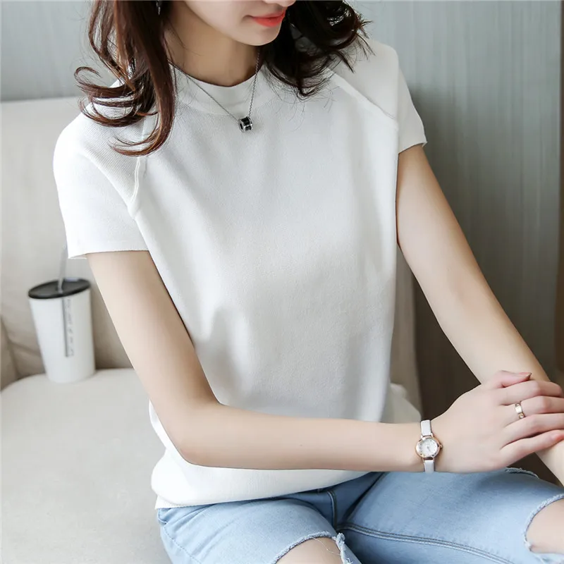 new fashion women short sleeve knitted summer sweater shirt female girls Office Lady o-neck pullover solid color All-match tops | Женская