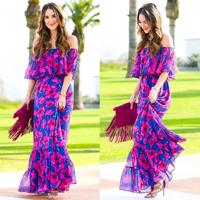 Платье женское Пляжное шифоновое длинное с цветным узором|Женские платья| |
