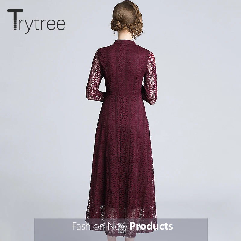 Женское кружевное платье Trytree однотонное темно красное офисное трапециевидной
