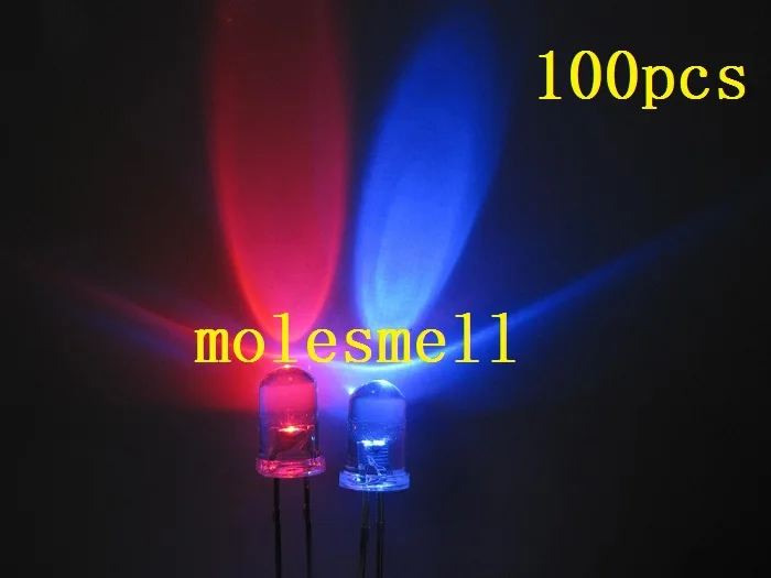 

100pcs 5mm Dual Bi Color Polar Changing Red/blue Led water clear Leds 2-Pin led
