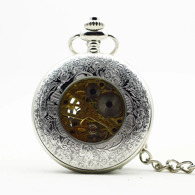 Luxury Silver Laser Anchor Round Hollow Design Manual Mechanical Pocket Watch Fashion Men's Pendant Necklace Accessories Clock