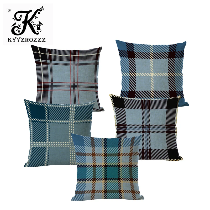 Blue Stripe Lattice Series Decorative Cushion Cover Cotton Square Pillow Home Decoration