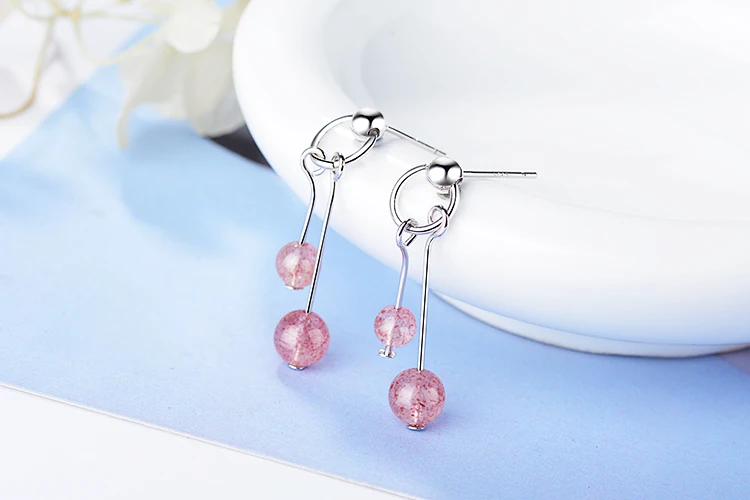 Anenjery Sweet Simple Circle Natural Strawberry Crystal Tassel Earrings 925 Sterling Silver Earrings For Women S-E140