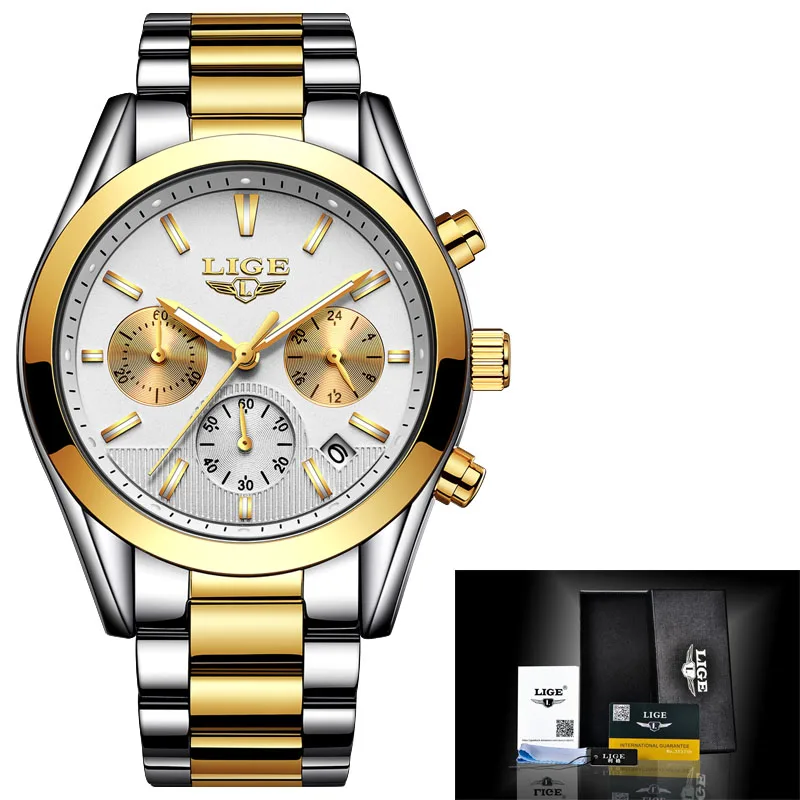 Gold white S Relojes Hombre LIGE мужские часы Лидирующий бренд Роскошные коричневые кожаные деловые кварцевые часы мужские военные спортивные водонепроницаемые часы - Цвет: Gold white S