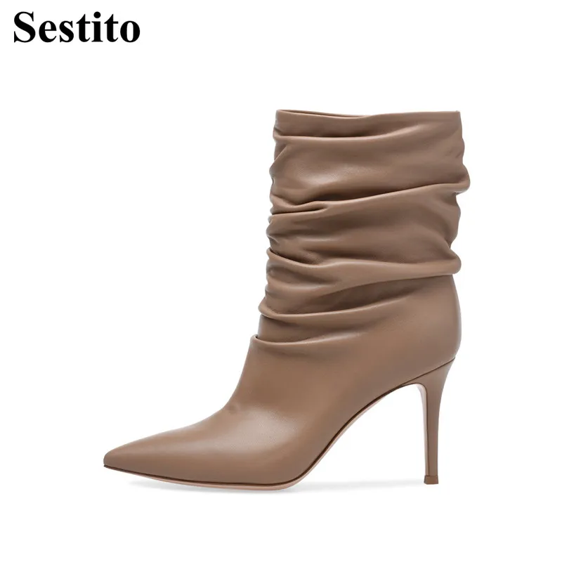 2018 мода плиссированные черный женские ботинки острый носок ботильоны на высоком