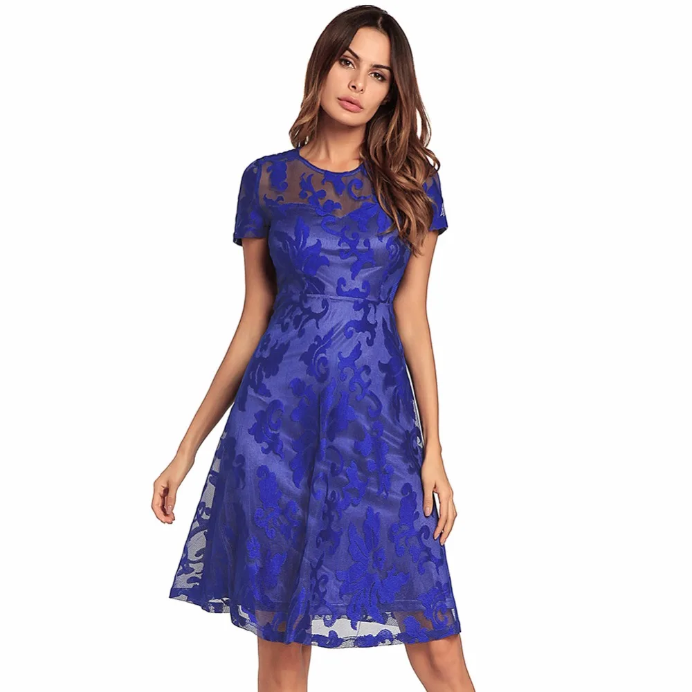 Gzgee Retro Sheer Lace Dress Female Sexy Women Pleated O Neck Short Sleeve High Waist Bandage Party Swing B1293 | Женская одежда