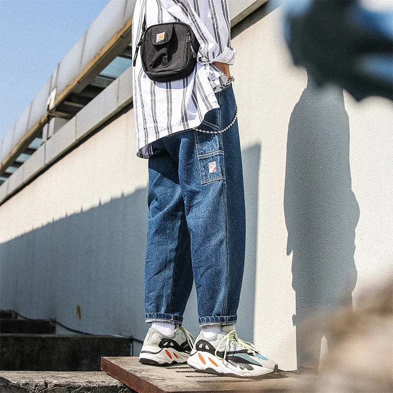 Брюки султанки мужские из денима модные повседневные штаны свободного покроя