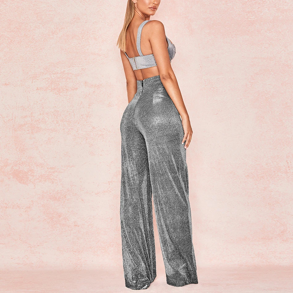 Женский серебристый Блестящий бюстгальтер широкие брюки длинные из 2 предметов