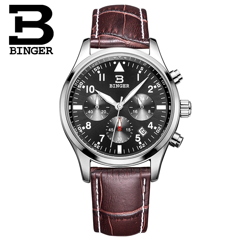 Switzerland BINGER men's watches luxury brand Quartz waterproof leather strap clock Chronograph Stop Watch Wristwatches B9202-9 |