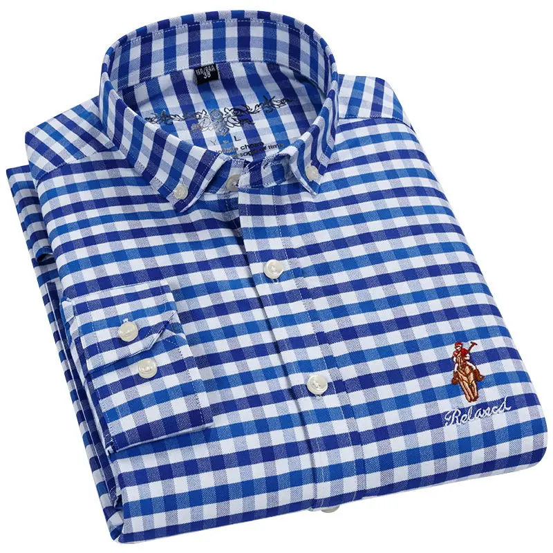 Camisa Masculina 100% Хлопок Клетчатая оксфордская рубашка с левой грудью вышивка умная