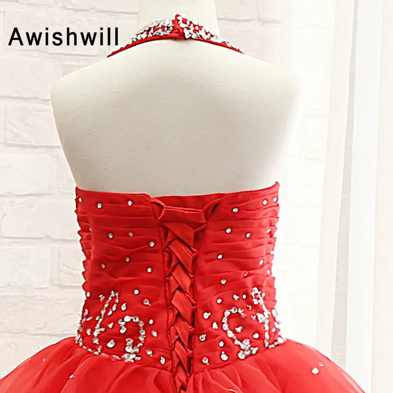 

Red Ball Gown Flower Girl Dresses Halter Beadings Tiered OrganzaLace-up Back Floor Length Pageant Dresses for Girls