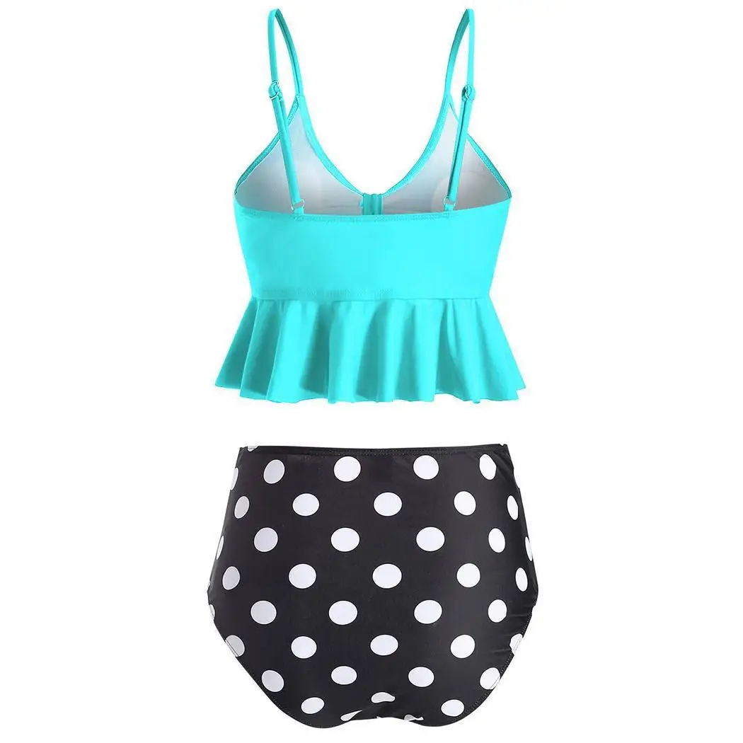 Women Print Fashion Ruffle High Waisted Bikini Bottom Sleeveless Tankini Set V Neck Casual Swimwear |