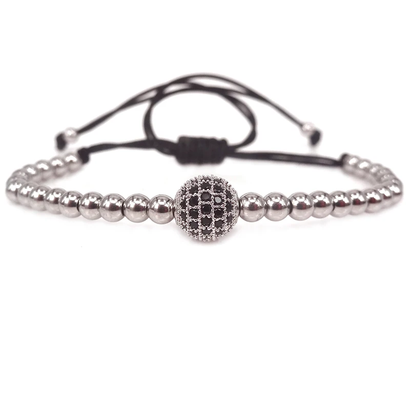 Мужские браслеты серебряного цвета 8 мм микро-закрепка черные бусины из фианита и