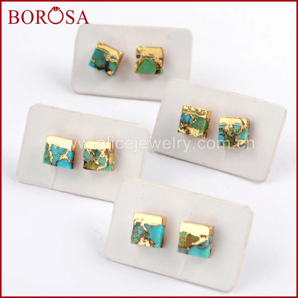 BOROSA 5/10Pairs Gold Color 7mm Square Copper Natural Turquoises Stud Earrings Blue Stone Druzy Jewelry G1648 | Украшения и