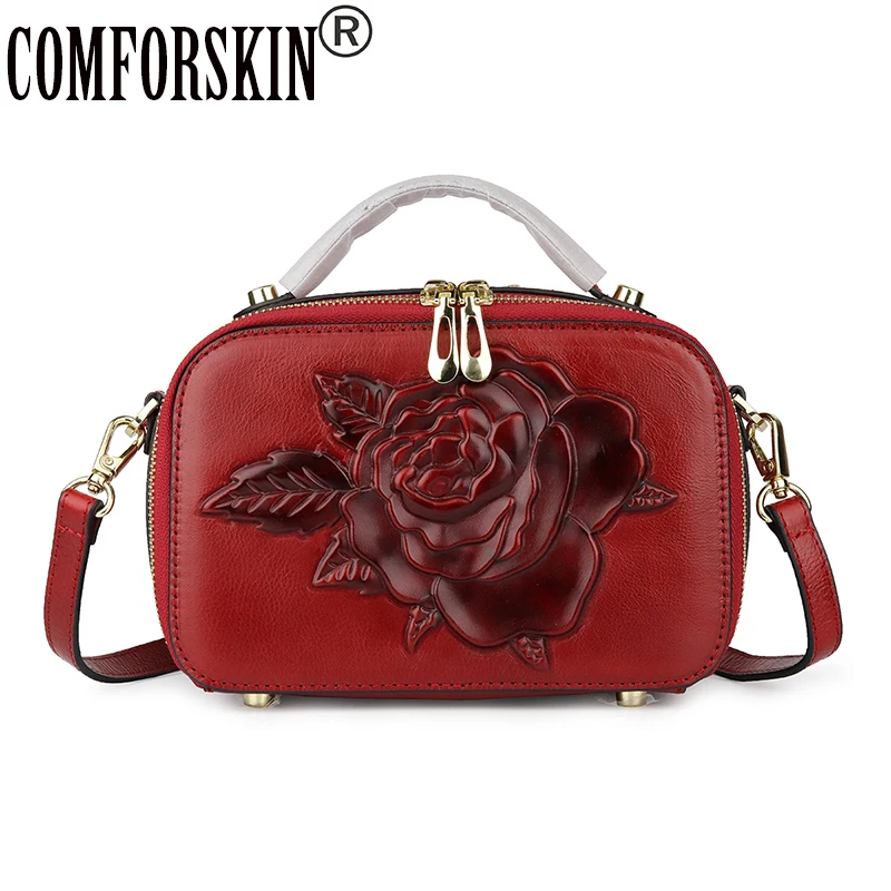 COMFORSKIN Brand Luxury 100% Genuine Leather Women Totes 2019 New Embossing Rose Pattern Large Capacity Cross-body Messenger Bag