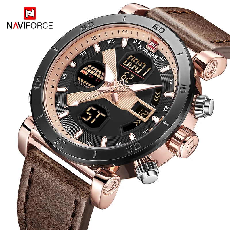 Часы NAVIFORCE аналоговые цифровые спортивные водонепроницаемые кожаные армейские