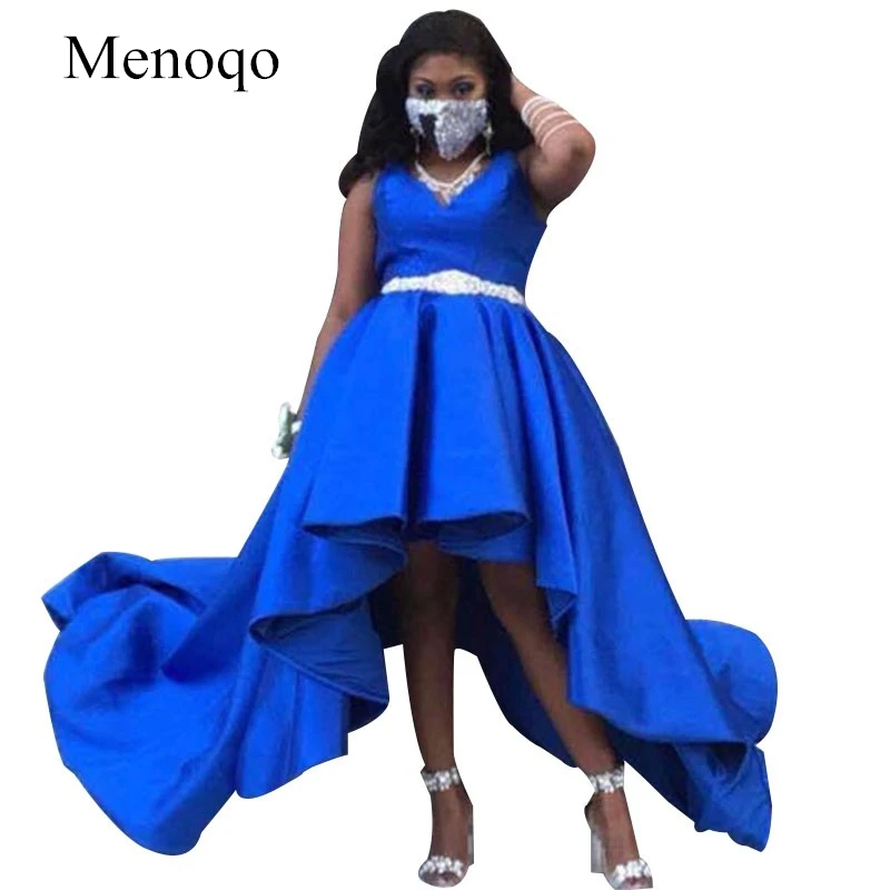 

High Low Prom Dresses 2020 Short Front Long Back Party Gowns For Black Girls Royal Blue Satin Dress Prom
