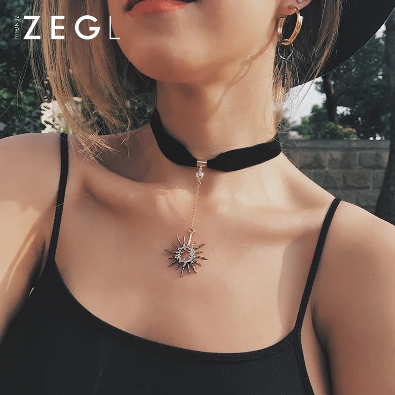 Женское колье чокер ZEGL черная бархатная цепочка для ключицы простой короткий