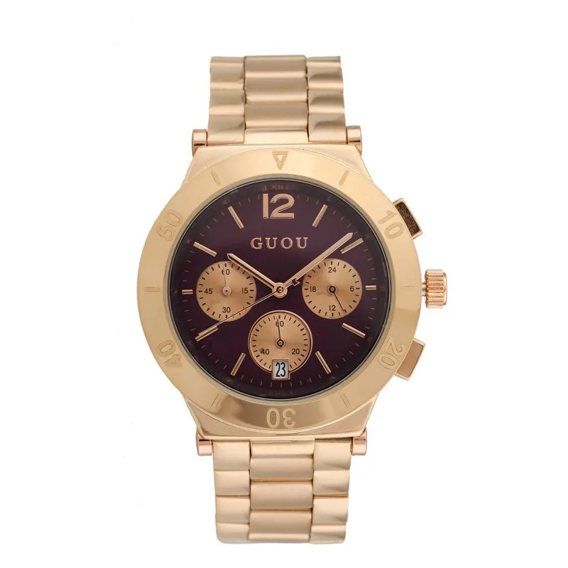 Fashion Good Quality GUOU Brand Stainless steel watchband multifunctional Casual ladies watch calendar Luxury Gold Wristwatches | Наручные