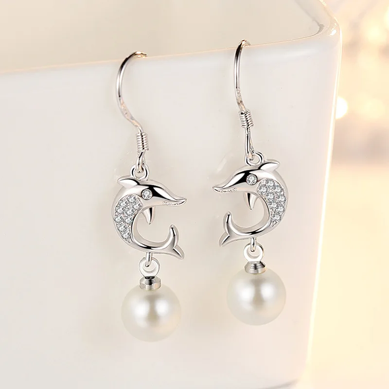 

100% 925 sterling silver fashion pearl dolphin animal crystal ladies`drop earrings jewelry women Anti allergy gift