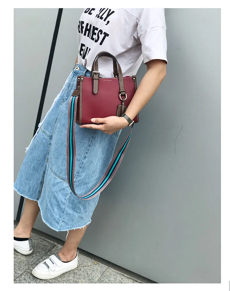 Color Blocking Daily Purse OL Business Tote Bag Genuine Leather Women's Shoulder Bag Small Top-handle Handbag