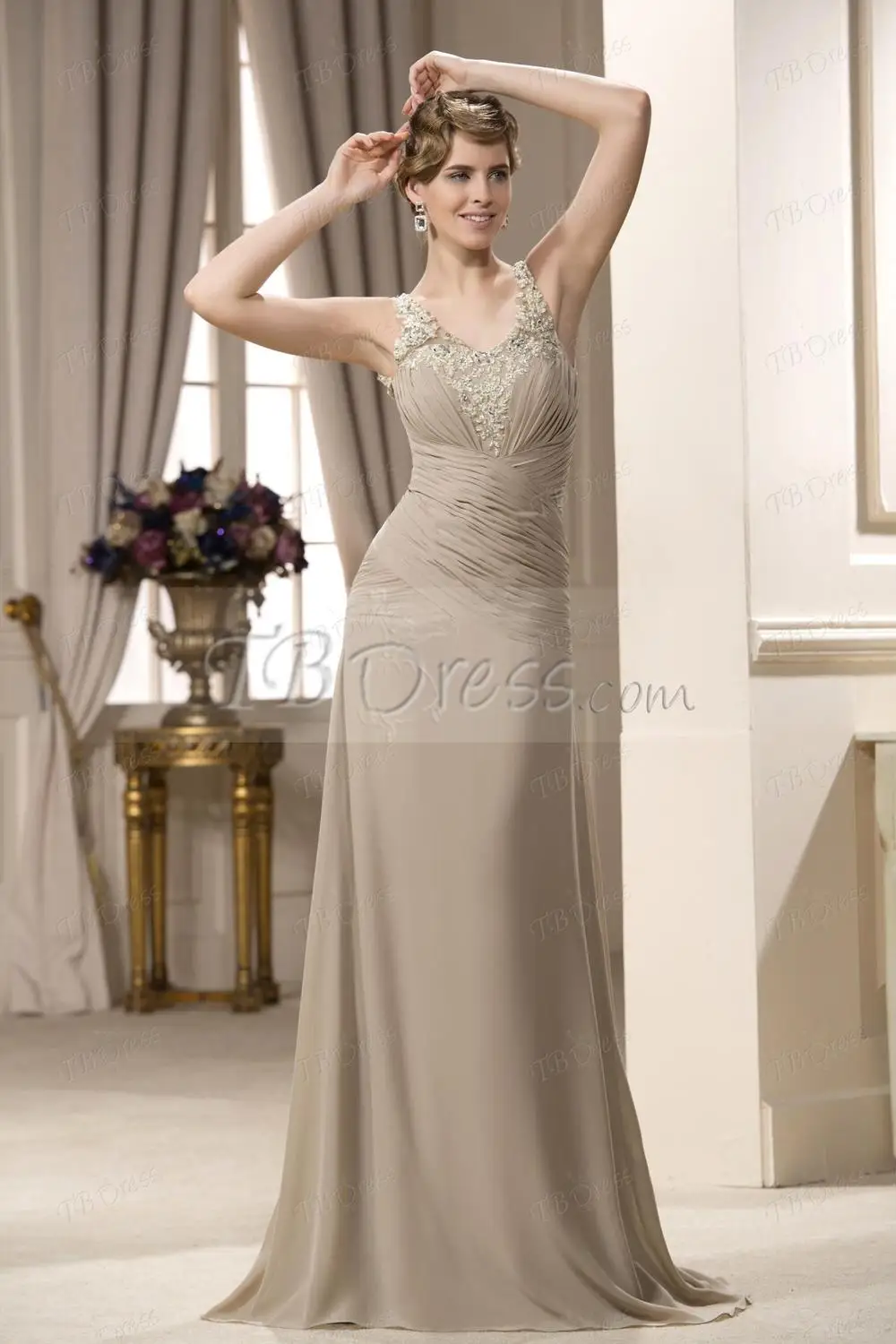 fashion 2015-Charming Sheath/Column Pleated Applique Beading Lace Floor-length V-Neck Mother of the Bride Dress | Свадьбы и